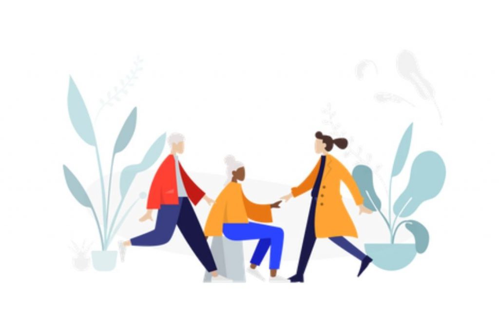 Eine Illustration, die drei personen und Pflnazen zeigt