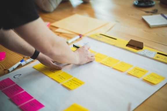 Eine Person klebt Post-Its auf ein Flip-Chart