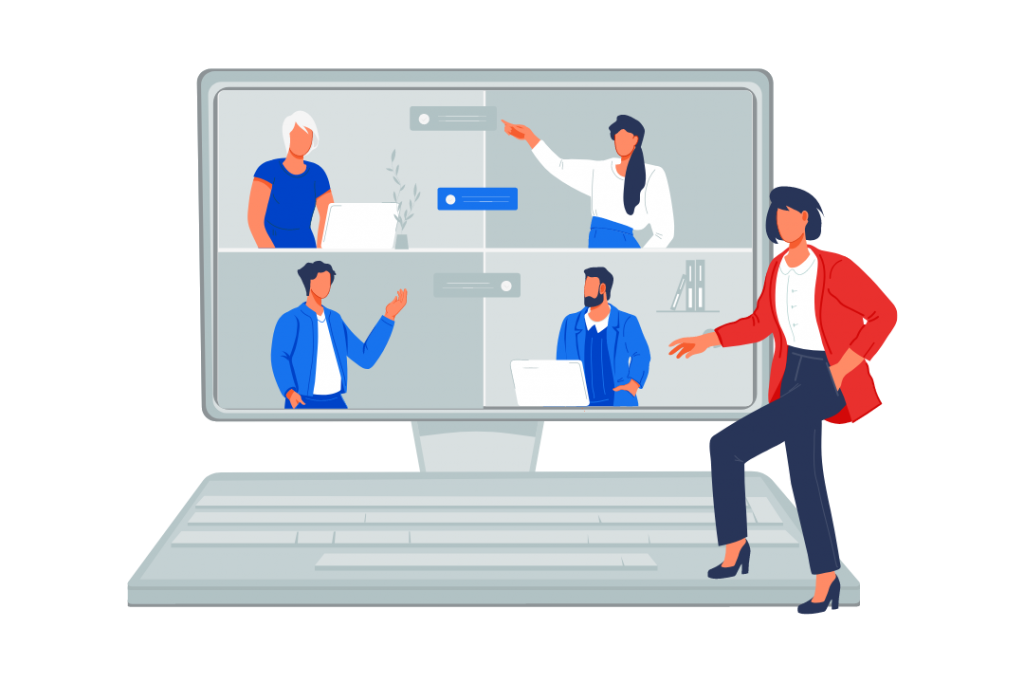 Eine Grafik, die eine Trainerin vor einem Bildschirm bei einem Online Marketing Training mit vier Teilnehmden zeigt